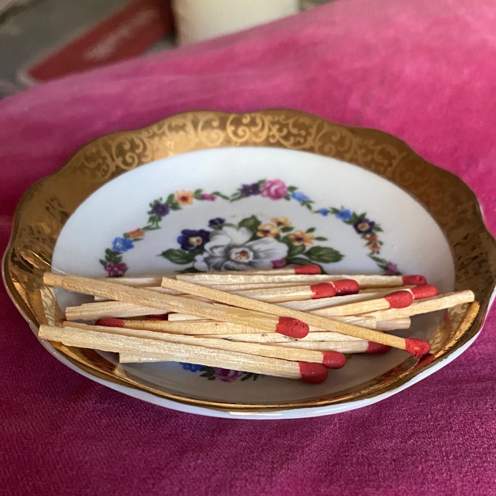 Vintage Limoges Floral Gold Trimmed Dish with Matches